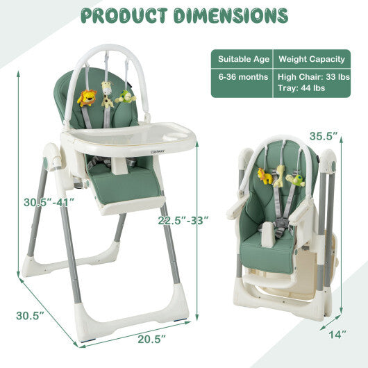4-in-1 Foldable Baby High Chair with 7 Adjustable Heights and Free Toys Bar-Green - Color: Green