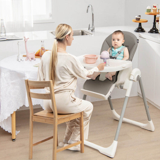 4-in-1 Foldable Baby High Chair with 7 Adjustable Heights and Free Toys Bar-Gray - Color: Gray