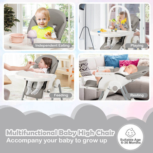 4-in-1 Foldable Baby High Chair with 7 Adjustable Heights and Free Toys Bar-Gray - Color: Gray