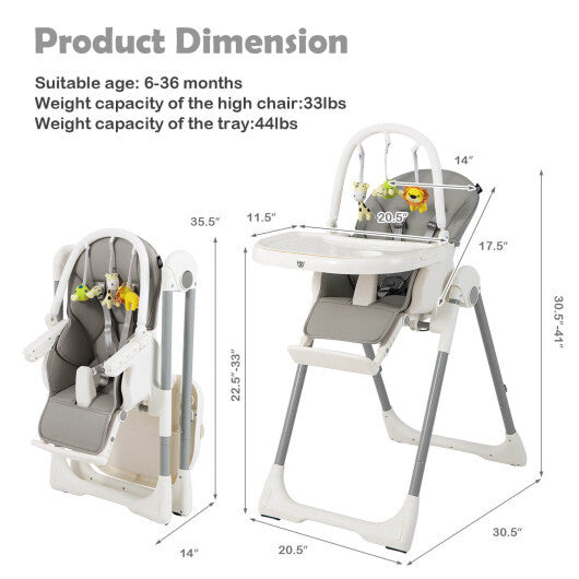 4-in-1 Foldable Baby High Chair with 7 Adjustable Heights and Free Toys Bar-Gray - Color: Gray