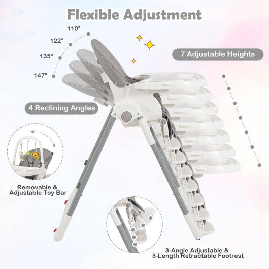 4-in-1 Foldable Baby High Chair with 7 Adjustable Heights and Free Toys Bar-Gray - Color: Gray