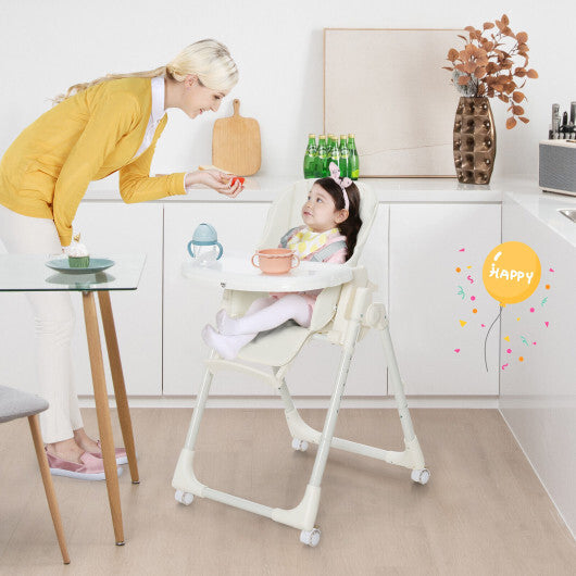 Folding High Chair with Height Adjustment and 360? Rotating Wheels - Color: Beige