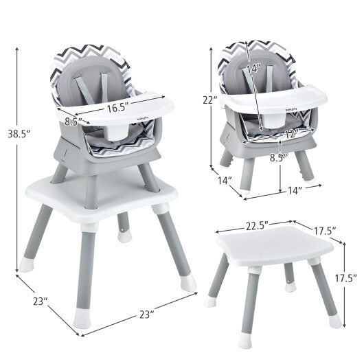 6-in-1 Convertible Baby High Chair with Adjustable Removable Tray-Gray & White - Color: Gray & White