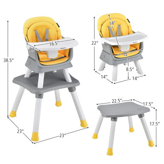6-in-1 Convertible Baby High Chair with Adjustable Removable Tray-Yellow - Color: Yellow