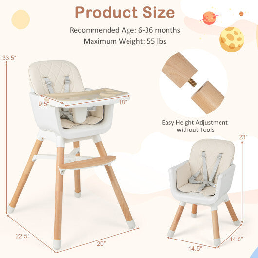 6-in-1 Convertible Baby High Chair with Adjustable Legs-Beige - Color: Beige