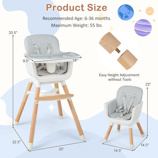 6-in-1 Convertible Baby High Chair with Adjustable Legs-Gray - Color: Gray