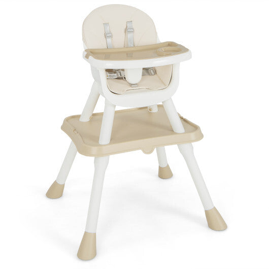 6-in-1 Convertible Baby High Chair with Removable Double Tray and PU Cushion-Beige - Color: Beige