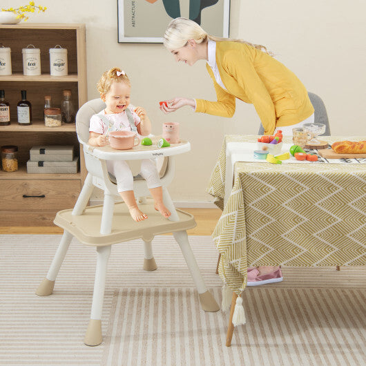 6-in-1 Convertible Baby High Chair with Removable Double Tray and PU Cushion-Beige - Color: Beige