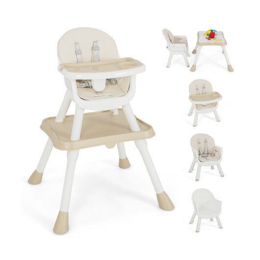6-in-1 Convertible Baby High Chair with Removable Double Tray and PU Cushion-Beige - Color: Beige
