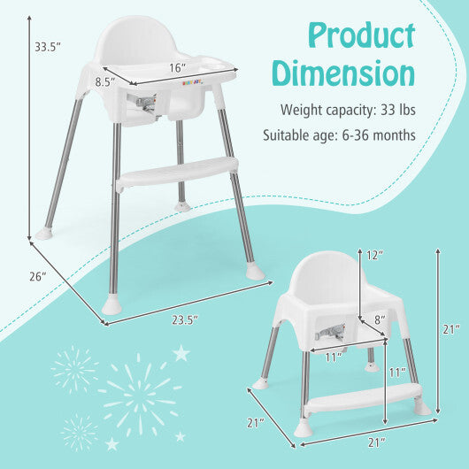 4-in-1 Convertible Baby High Chair with Removable Double Tray-White - Color: White