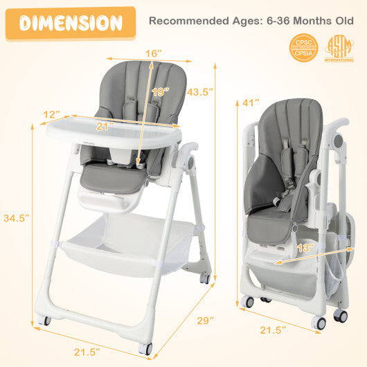 Convertible Infant Dining Chair with 5 Backrest and 3 Footrest Positions-Gray - Color: Gray