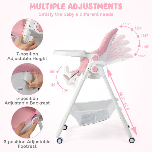 Convertible Infant Dining Chair with 5 Backrest and 3 Footrest Positions-Pink - Color: Pink