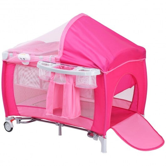 Foldable Baby Crib Playpen with Mosquito Net and Bag-Pink - Color: Pink