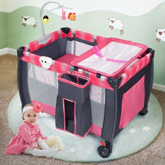 Foldable Travel Baby Crib Playpen Infant Bassinet Bed with Carry Bag-Pink - Color: Pink