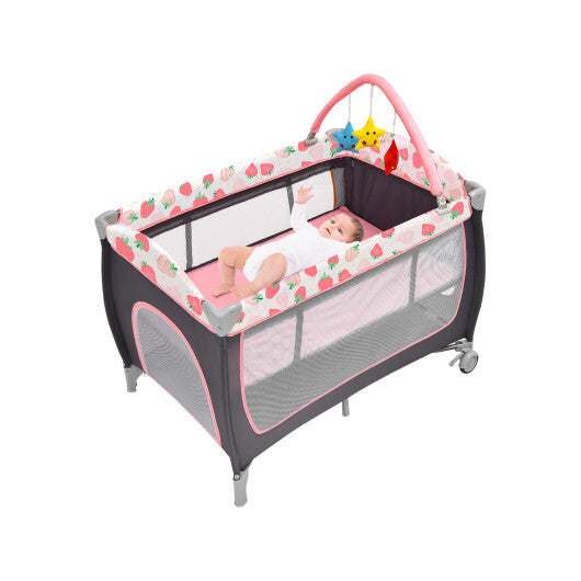 3-in-1 Portable Baby Playard with Zippered Door and Toy Bar - Color: Black & Red