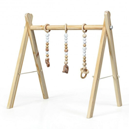 Portable 3 Wooden Newborn Baby Exercise Activity Gym Teething Toys Hanging Bar-Natural - Color: Natural