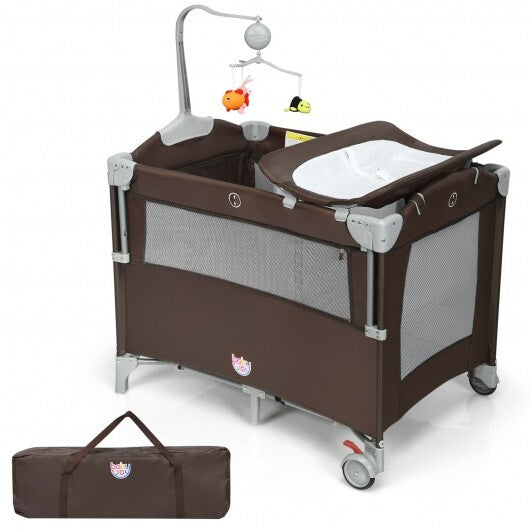 5-in-1 Portable Baby Beside Sleeper Bassinet Crib Playard with Diaper Changer-Brown - Color: Brown