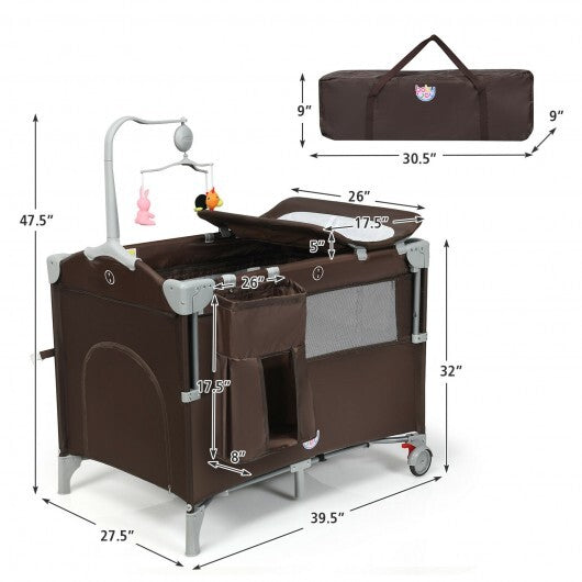 5-in-1 Portable Baby Beside Sleeper Bassinet Crib Playard with Diaper Changer-Brown - Color: Brown