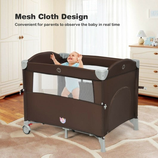 5-in-1 Portable Baby Beside Sleeper Bassinet Crib Playard with Diaper Changer-Brown - Color: Brown