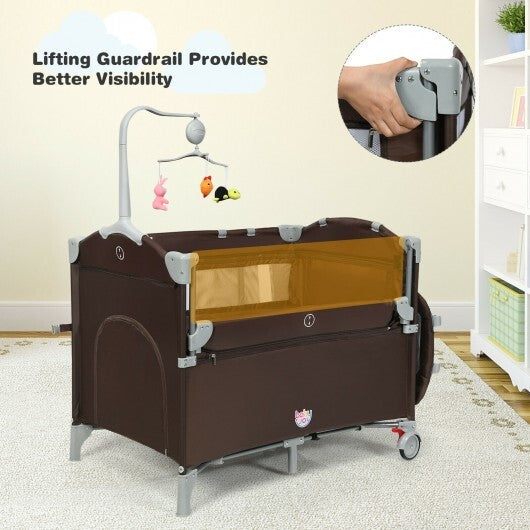 5-in-1 Portable Baby Beside Sleeper Bassinet Crib Playard with Diaper Changer-Brown - Color: Brown