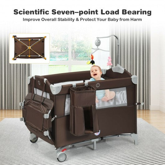 5-in-1 Portable Baby Beside Sleeper Bassinet Crib Playard with Diaper Changer-Brown - Color: Brown