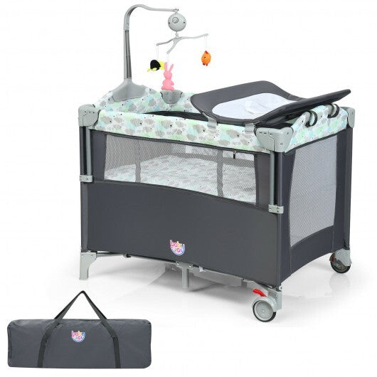 5-in-1 Portable Baby Beside Sleeper Bassinet Crib Playard with Diaper Changer-Gray - Color: Gray