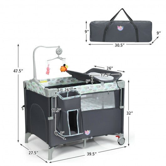 5-in-1 Portable Baby Beside Sleeper Bassinet Crib Playard with Diaper Changer-Gray - Color: Gray