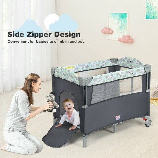 5-in-1 Portable Baby Beside Sleeper Bassinet Crib Playard with Diaper Changer-Gray - Color: Gray