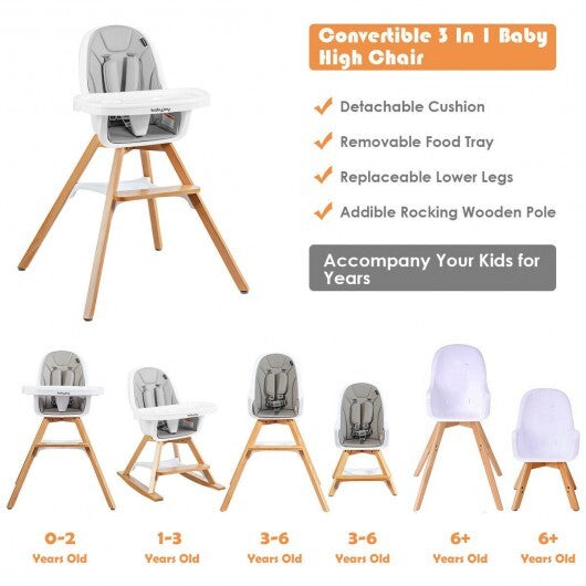 3-in-1 Convertible Wooden Baby High Chair-Beige - Color: Beige
