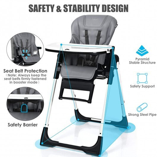 4-in-1 High Chair-Booster Seat with Adjustable Height and Recline-Gray - Color: Gray