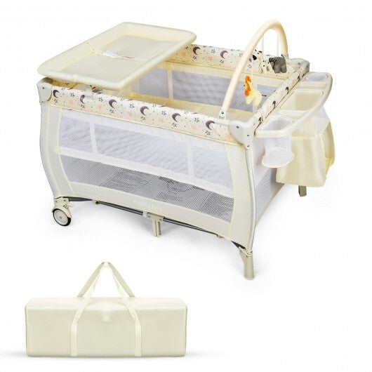 Portable Foldable Baby Playard Nursery Center with Changing Station-Beige - Color: Beige