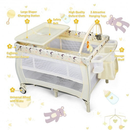Portable Foldable Baby Playard Nursery Center with Changing Station-Beige - Color: Beige