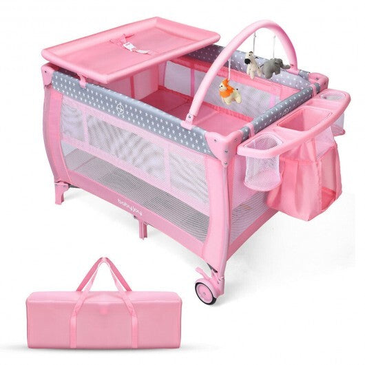 Portable Foldable Baby Playard Nursery Center with Changing Station-Pink - Color: Pink