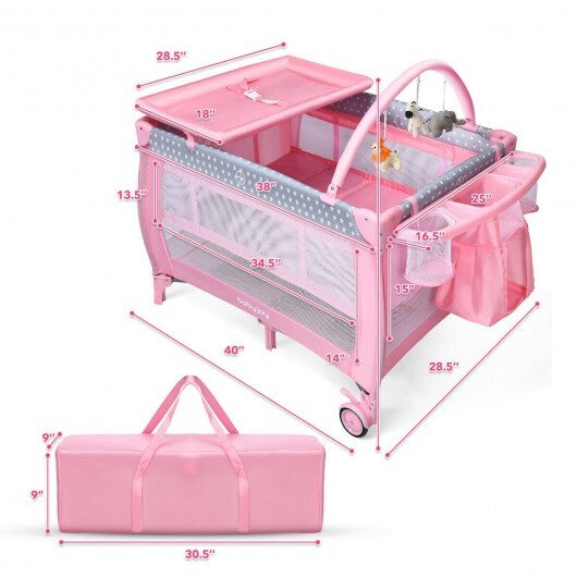 Portable Foldable Baby Playard Nursery Center with Changing Station-Pink - Color: Pink