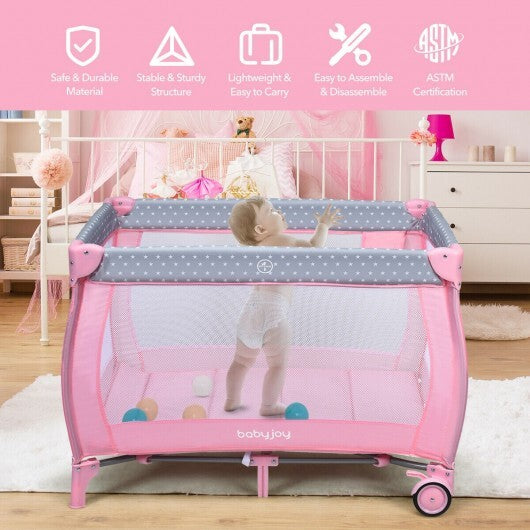 Portable Foldable Baby Playard Nursery Center with Changing Station-Pink - Color: Pink