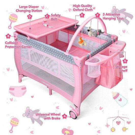 Portable Foldable Baby Playard Nursery Center with Changing Station-Pink - Color: Pink