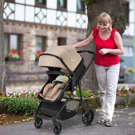 2-in-1 Foldable Pushchair Newborn Infant Baby Stroller-Coffee - Color: Light Brown
