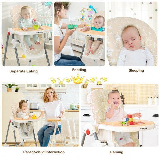 Folding Baby High Dining Chair with 6-Level Height Adjustment-Beige - Color: Beige