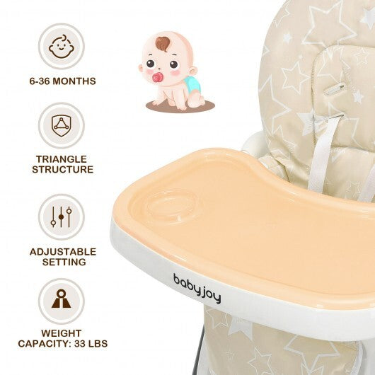 Folding Baby High Dining Chair with 6-Level Height Adjustment-Beige - Color: Beige