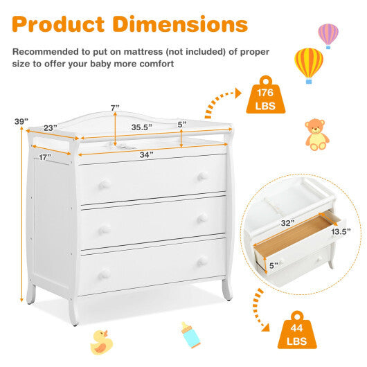 Baby Changing Table Infant Diaper with 3 Drawers and Safety Belt-White - Color: White