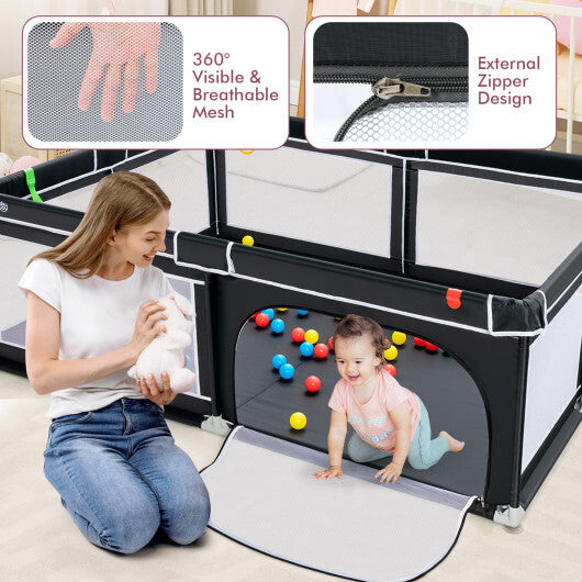 Portable Extra-Large Safety Baby Fence with Ocean Balls and Rings-Black - Color: Black