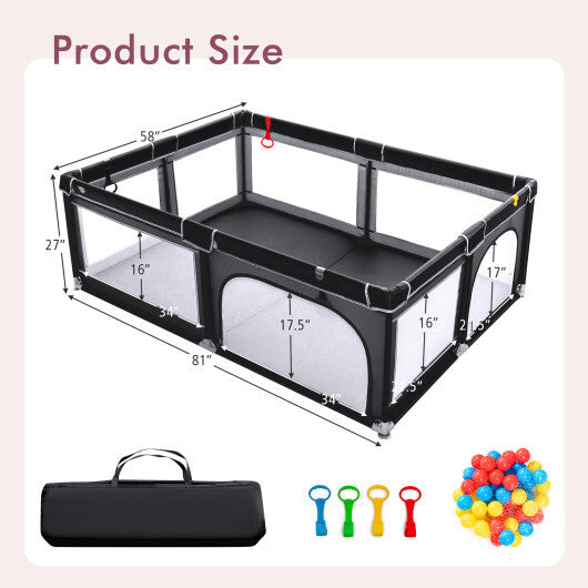 Portable Extra-Large Safety Baby Fence with Ocean Balls and Rings-Black - Color: Black