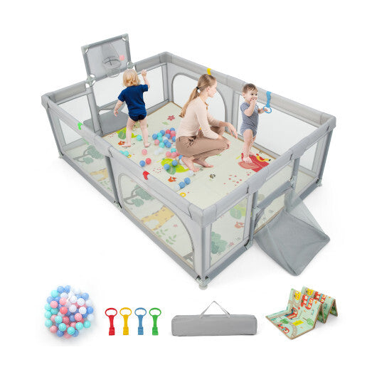 Large Baby Playpen with Mat and Ocean Balls-Light gray - Color: Light Gray