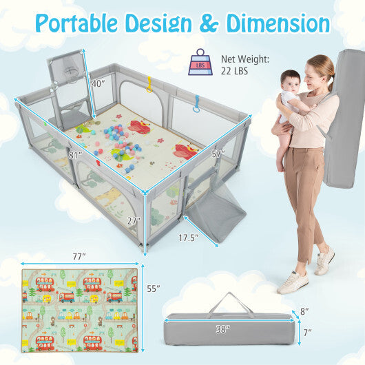 Large Baby Playpen with Mat and Ocean Balls-Light gray - Color: Light Gray