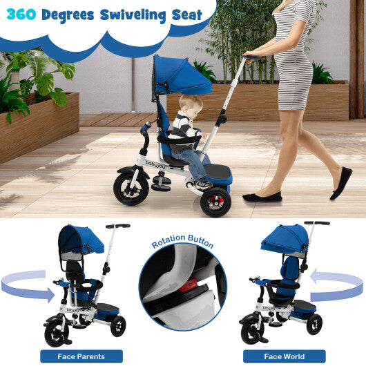 Folding Tricycle Baby Stroller with Reversible Seat and Adjustable Canopy-Blue - Color: Blue