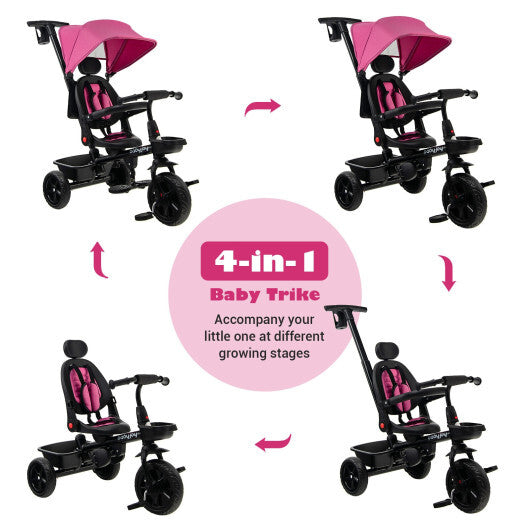 4-in-1 Reversible Toddler Tricycle with Height Adjustable Push Handle-Pink - Color: Pink