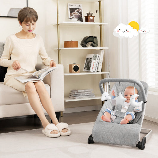 Foldable Baby Bouncer with Removable Fabric Cover and Toy Bar-Gray - Color: Gray