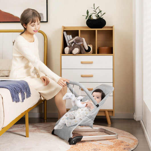 Foldable Baby Bouncer with Removable Fabric Cover and Toy Bar-Gray - Color: Gray