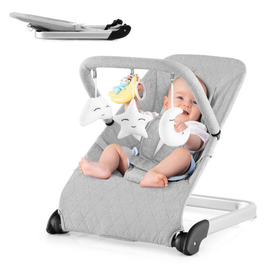 Foldable Baby Bouncer with Removable Fabric Cover and Toy Bar-Gray - Color: Gray