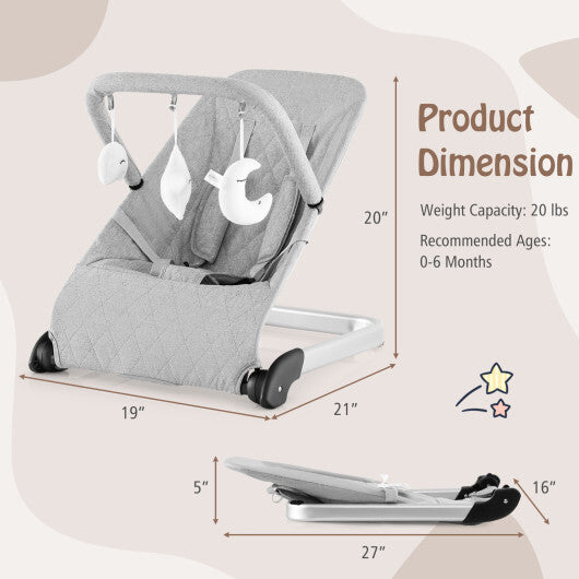 Foldable Baby Bouncer with Removable Fabric Cover and Toy Bar-Gray - Color: Gray